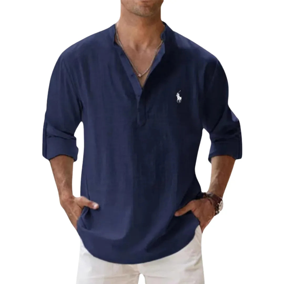 Autumn linen shirt with a Henley collar