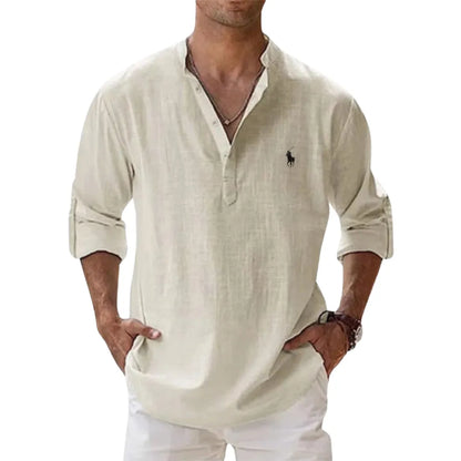Autumn linen shirt with a Henley collar