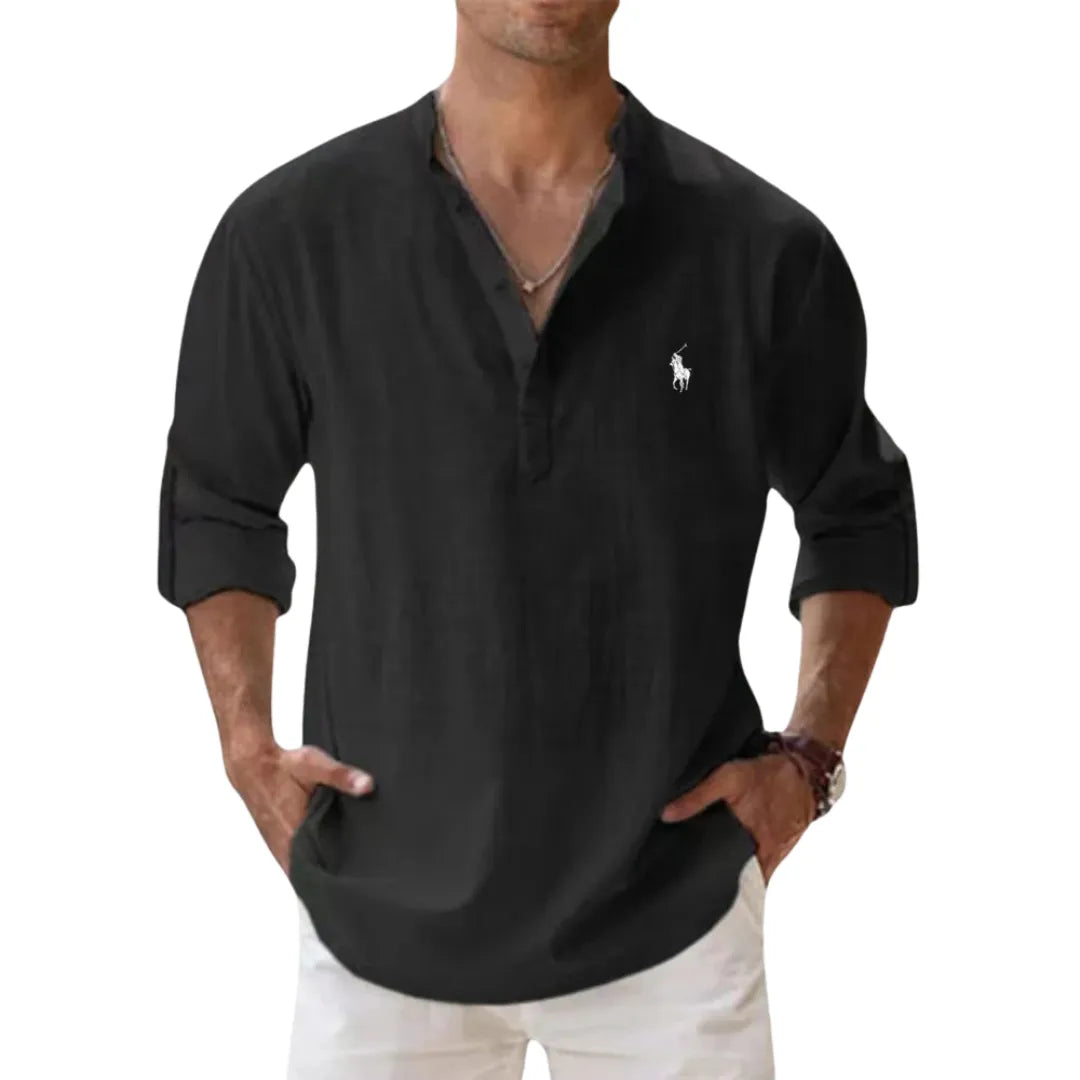 Autumn linen shirt with a Henley collar
