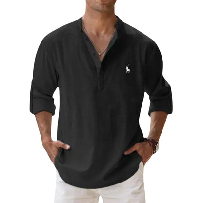 Autumn linen shirt with a Henley collar