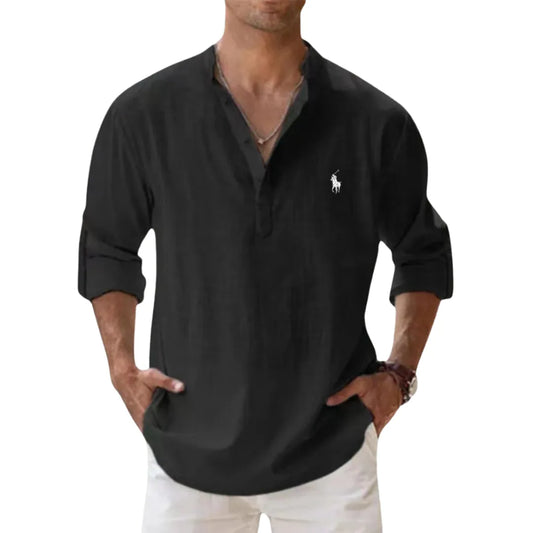 Autumn linen shirt with a Henley collar