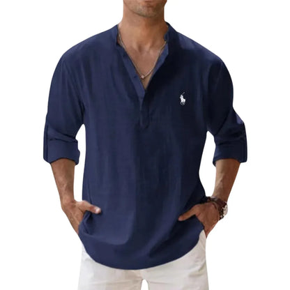 Autumn linen shirt with a Henley collar