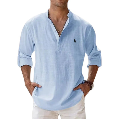 Autumn linen shirt with a Henley collar