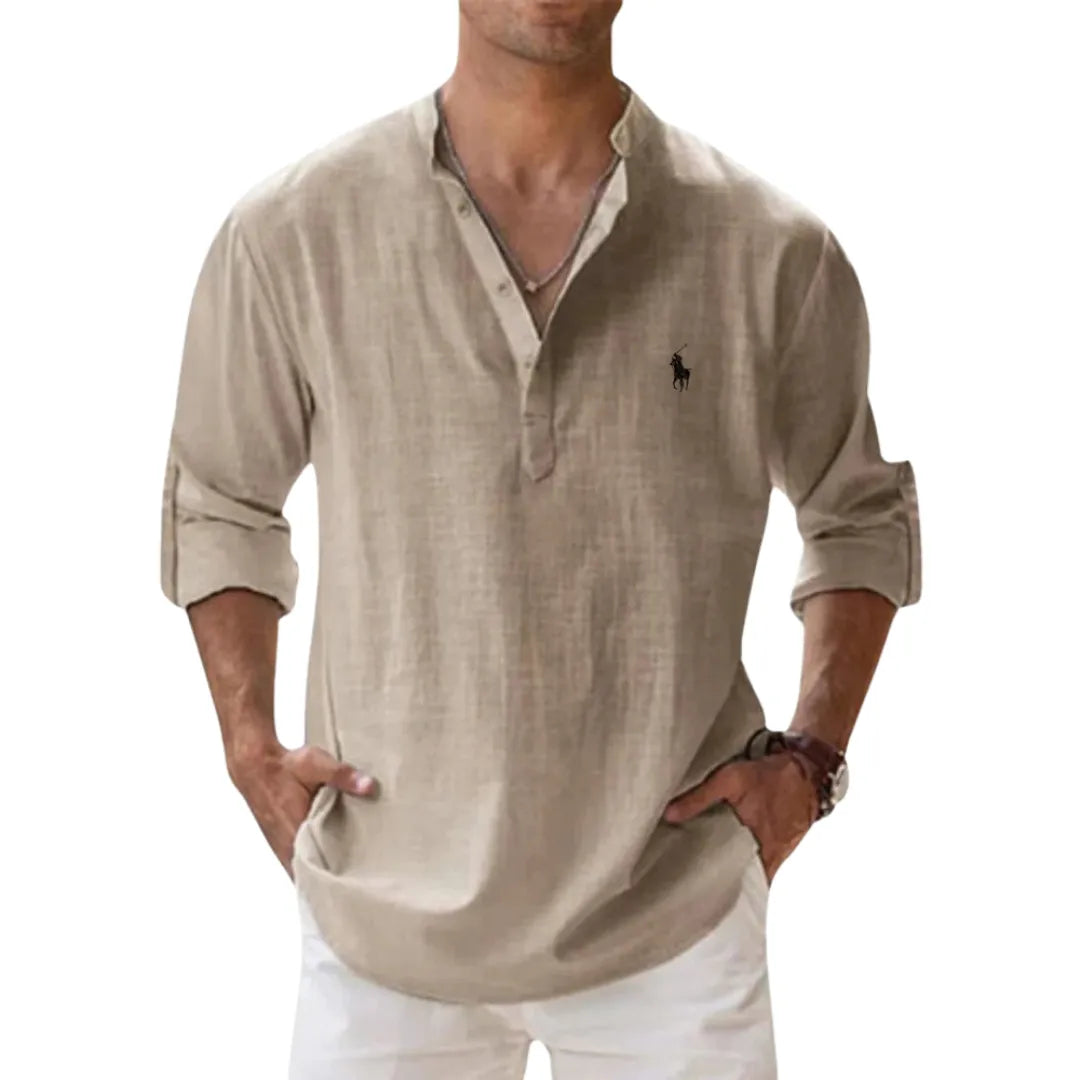 Autumn linen shirt with a Henley collar